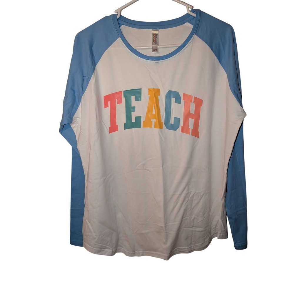 Royal Avalon Sport‎ Teach Graphic Raglan Baseball Tee Blue White Ladies 2XL